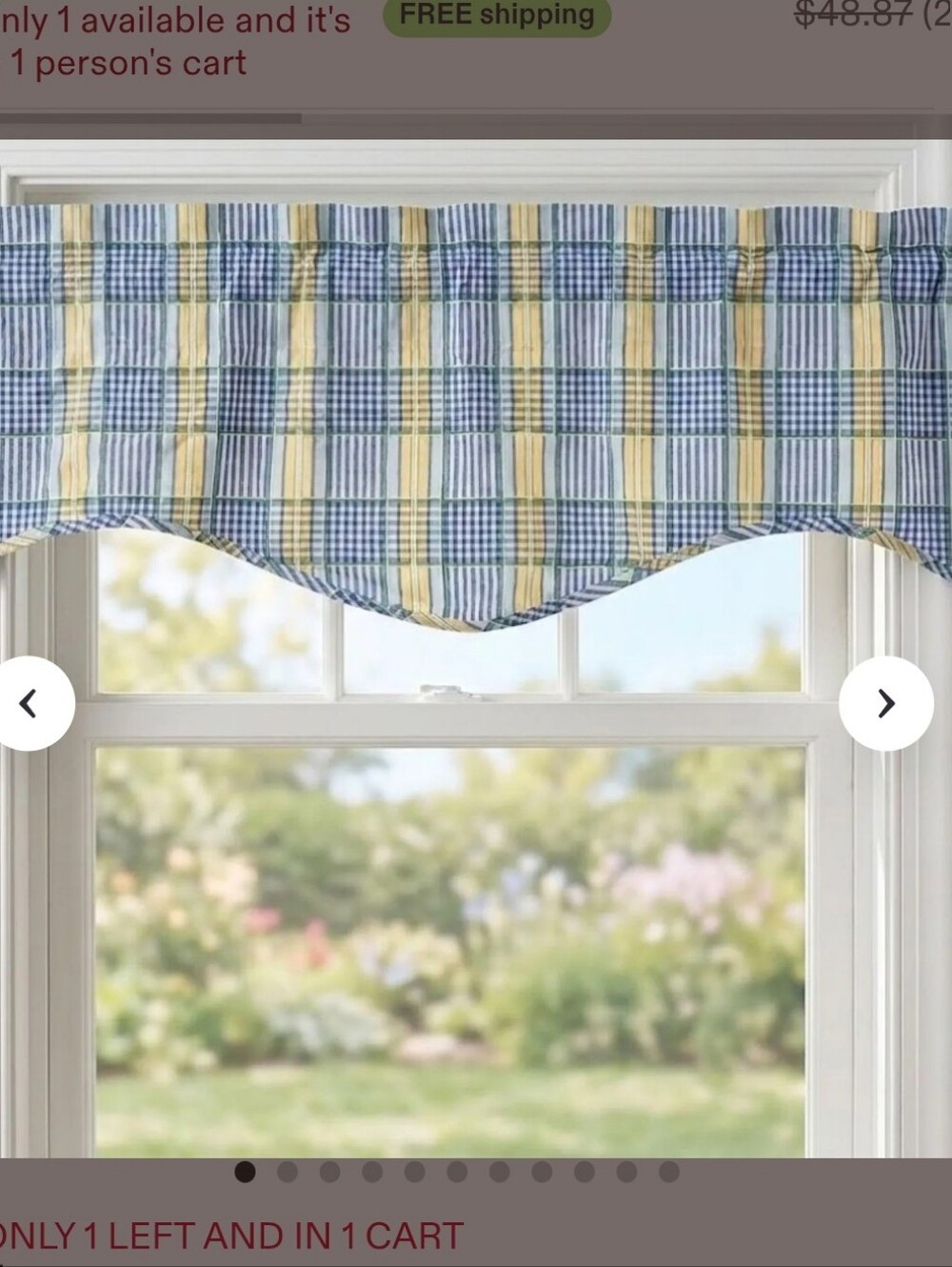 2WAVERLY Valley Lake Curtain Valance Blue Yellow Plaid Scalloped 17 x 77 Vintage
